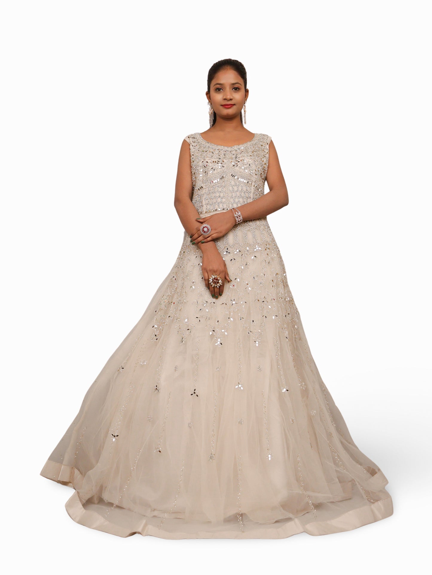 Off White Gown with Mirror & Thread Work by Shreekama