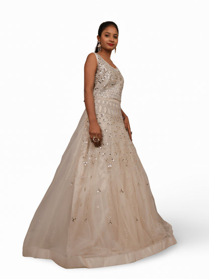 Off White Gown with Mirror & Thread Work by Shreekama
